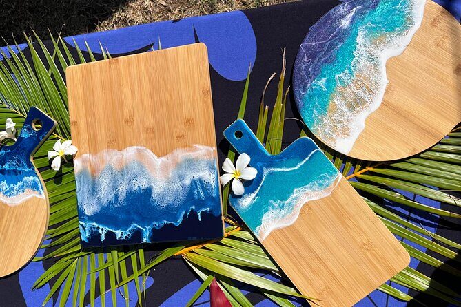 Make your own Maui Souvenir/Ocean resin class - What you’ll make: acacia or bamboo boards plus ocean-themed upgrades